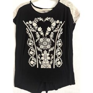 Carol Rose Black Lace Sleeve Boho Floral Embellished Tunic Top Women's Size XL